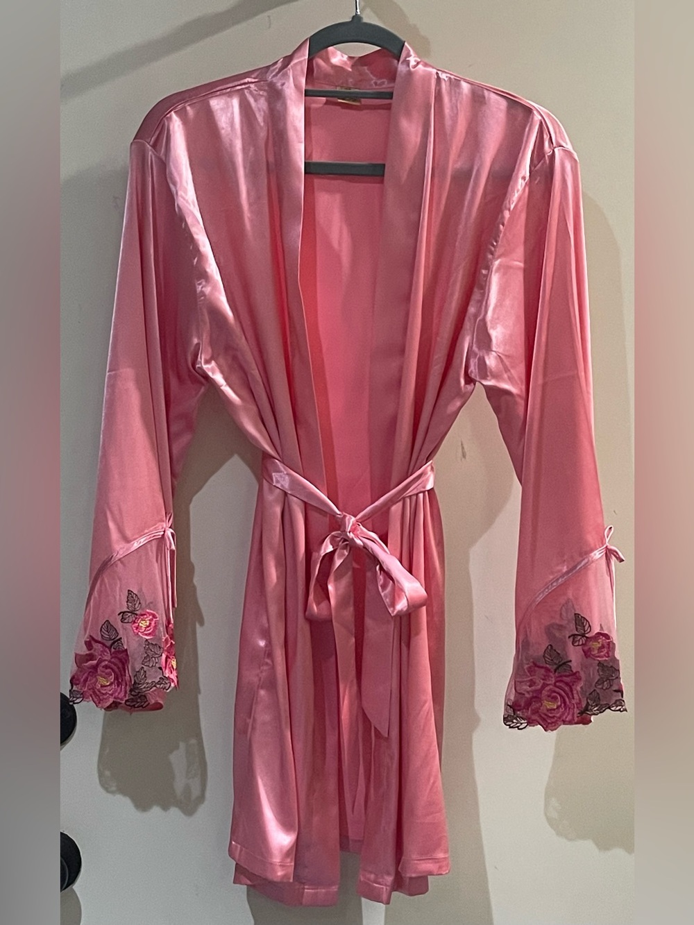Pink Satin Floral-Trim Robe with Tie Belt - Women Intimates & Sleepwear